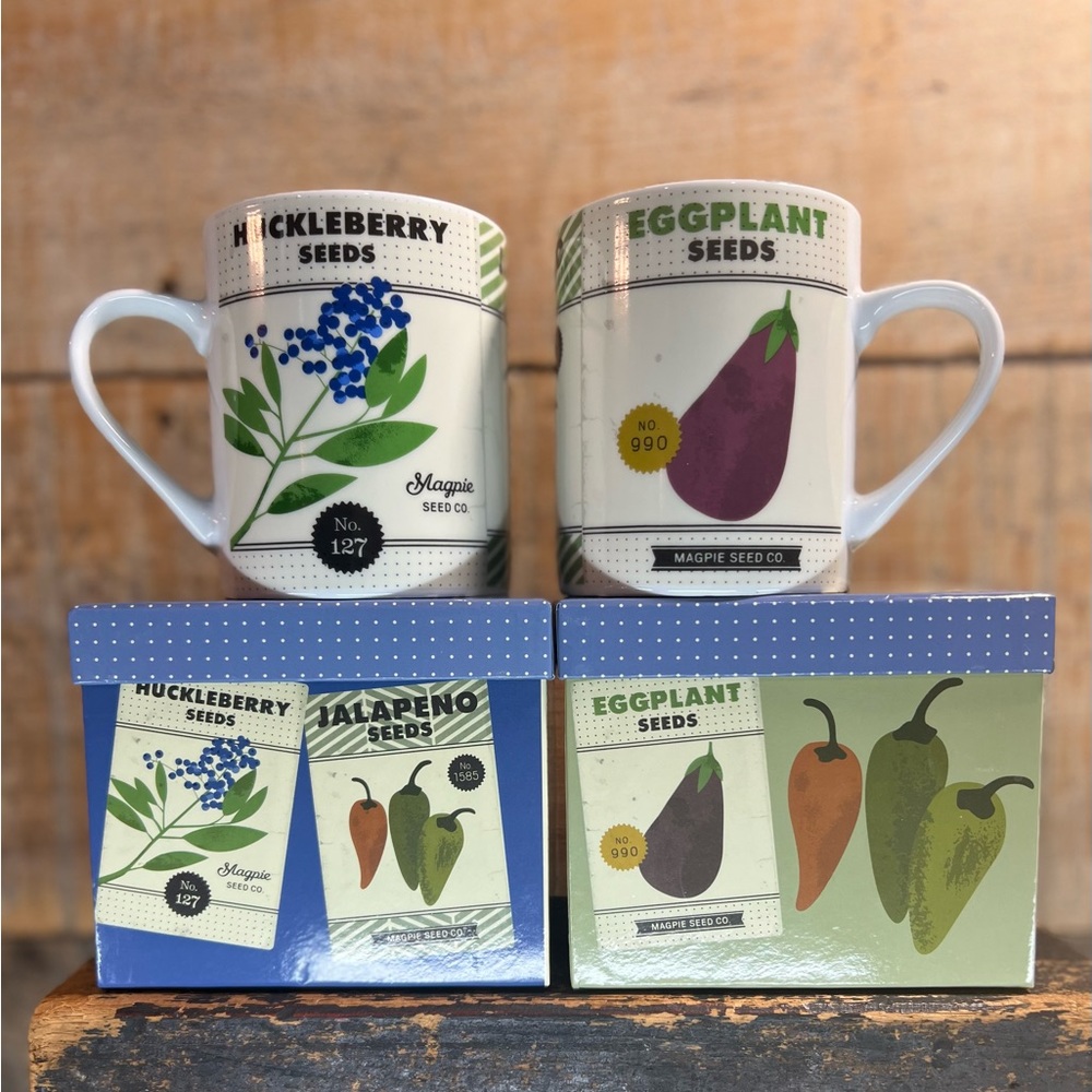NIB 2 Magpie mugs- Roots & Shoots Summer- Eggplant, Jalapeño & Huckleberry